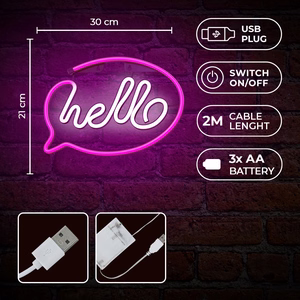 Neon LED valo HELLO vaaleanpunainen valkoinen Paristo + USB FLNE15 Forever Light