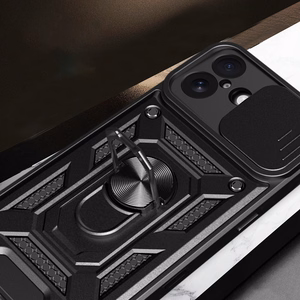 Hybrid Armor Camshield Suojakuori jalustalla ja kameran suojuksella iPhone 17:lle - musta