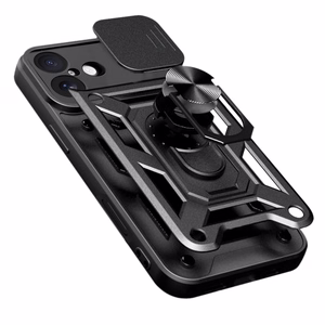 Hybrid Armor Camshield Suojakuori jalustalla ja kameran suojuksella iPhone 17:lle - musta