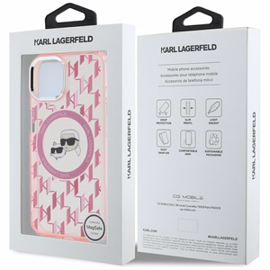 Karl Lagerfeld IML Monogram Karl & Choupette Head MagSafe Suojakuori iPhone 15 Plus:lle - Vaaleanpunainen