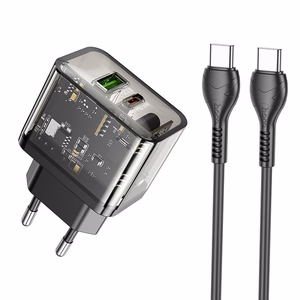 Puhelinlaturi Hoco USB A + USB C QC3.0 PD 3A 20W + kaapeli USB C - USB C N34 läpinäkyvä