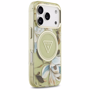 GUESS IML Glitter Flowers Triangle MagSafe -suojakuori iPhone 17 Pro Max - vihreä
