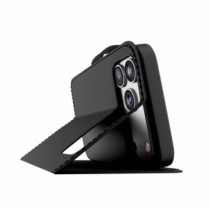Puro Wallet Stand suojakuori iPhone 17 Pro Max:lle - ekotekonahkainen lompakko- ja jalustakuori, musta