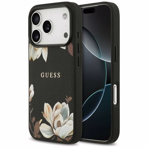Guess Grained Flowers Classic Logo MagSafe -suojakuori iPhone 17 Pro - musta