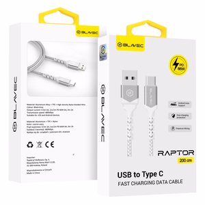 Blavec Raptor punottu Kaapeli - USB - Type C - PD 66W 6A 2 metriä Apple CarPlay/Android Auto (CRA-UC6WS20) valkoinen-hopeinen