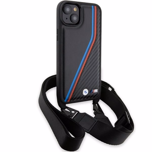 BMW M Edition Carbon Tricolor Lines & Hihna Suojakuori iPhone 15 / 14 / 13:lle - musta