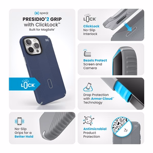 Speck Presidio2 Grip -suojakuori MagSafe- ja ClickLock-tuella iPhone 16 Pro Max:lle, Coastal Blue/Dust Grey