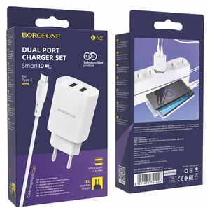 Borofone Seinälaturi BN2 Super - 2xUSB - 2,1A USB-C-kaapelilla valkoinen