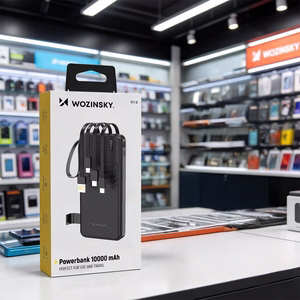 Wozinsky W11-B 10000mAh 10W varavirtalähde sisäänrakennetuilla kaapeleilla ja taskulampulla - musta