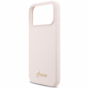 vaaleanpunainen Guess Silicone Script Metal Logo MagSafe -suojakuori Iphone 18 Pro Max / iPhone 17 Pro Max -laitteille