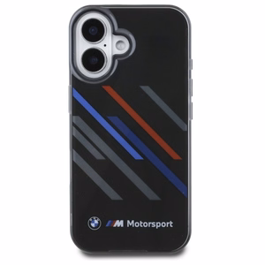 BMW Motosport IML Random Stripes Suojakuori iPhone 16 Plus:lle - musta