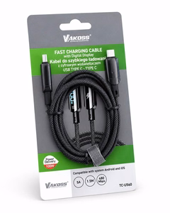 Vakoss TC-U560 USB-C–USB-C-kaapeli digitaalinäytöllä, 100 W, 1,5 m, musta