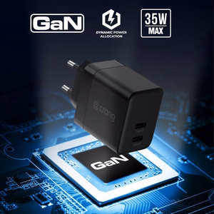 Crong Ultra Compact GaN -seinälaturi, 2 × USB-C, 35 W, PD 3.0, PPS, musta