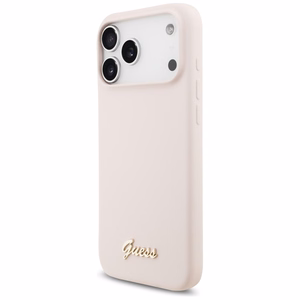 vaaleanpunainen Guess Silicone Script Metal Logo MagSafe -suojakuori Iphone 18 Pro Max / iPhone 17 Pro Max -laitteille