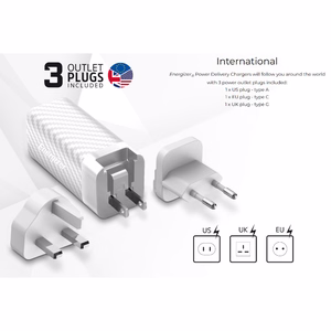 Energizer Ultimate A65MUC GaN-matkalaturi EU-, UK- ja US-pistokkeilla, USB-C + USB-A, 65 W PD, USB-C-kaapelilla, musta