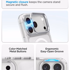 Spigen Ultra Hybrid Optik S MagSafe -suojakuori iPhone 18 Pro Max / 17 Pro Max -malleille, läpinäkyvä hopeanvärinen