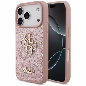 Guess PU Fixed Glitter 4G Metal Logo -kuori Apple iPhone 18 Pro -puhelimelle, vaaleanpunainen
