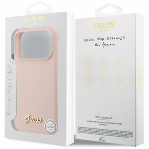 vaaleanpunainen Guess Silicone Script Metal Logo MagSafe -suojakuori Iphone 18 Pro Max / iPhone 17 Pro Max -laitteille