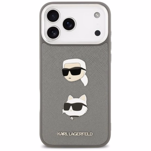 Karl Lagerfeld FW Grained Karl & Choupette Heads Pins & Logo -suojakuori iPhone 17 Pro Max - harmaa