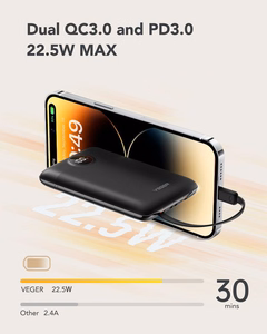 Ulkoinen akku Veger C11 (W1170) PD QC3.0 2A 22,5W 10000 mAh sisäänrakennetuilla USB C -kaapeleilla / Lightning musta