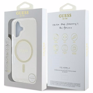 Guess GUHMP16MHFGERET iPhone 16 Plus 6.7" läpinäkyvä kovakuori IML Glitter Circle MagSafe