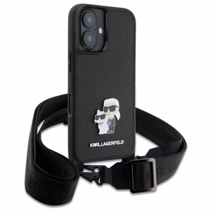 Karl Lagerfeld Saffiano Karl&Choupette Metal Pin CBDY hihna suojakuori iPhone 16:lle - musta