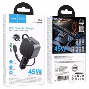 Hoco Z68 -autolaturi, USB-A + USB-C, PD QC3.0, 45 W, ulosvedettävä USB-C-kaapeli, musta