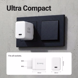 Crong Ultra Compact GaN USB-C-seinälaturi, 45 W PD 3.0, PPS, valkoinen