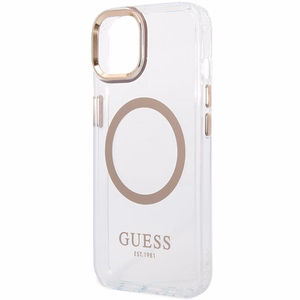Guess Metal Outline MagSafe Suojakuori iPhone 15 Plus / 14 Plus:lle - kultainen