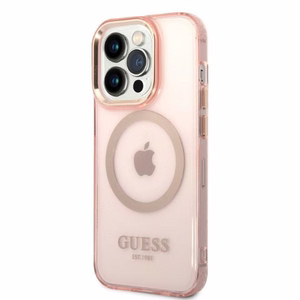 Guess GUHMP14LHTCMP iPhone 14 Pro 6.1 vaaleanpunainen/vaaleanpunainen kova suojakuori Gold Outline läpinäkyvä MagSafe