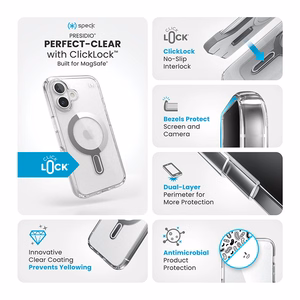 Speck Presidio Perfect-Clear -suojakuori MagSafe- ja ClickLock-tuella iPhone 16:lle, Clear/Chrome