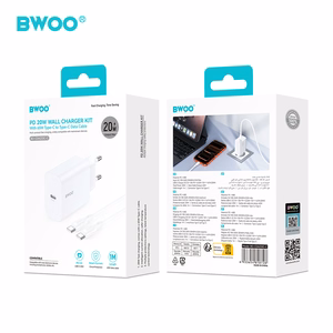 BWOO seinälaturi CDA233 PD 20W 1x USB-C USB-C - USB-C kaapelilla valkoinen
