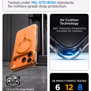 Spigen Ultra Hybrid Optik S MagSafe -suojakuori iPhone 18 Pro Max / 17 Pro Max -malleille, läpinäkyvä oranssi