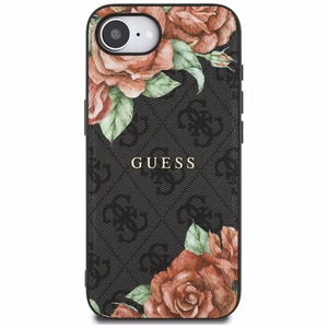 GUESS 4G Flowers Print MagSafe Alkuperäinen Suojakuori iPhone 17e/16e:lle - Musta
