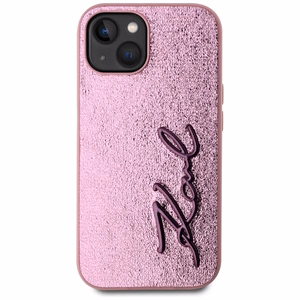 Karl Lagerfeld Wrinkled Metal Signature Suojakuori iPhone 15:lle - vaaleanpunainen