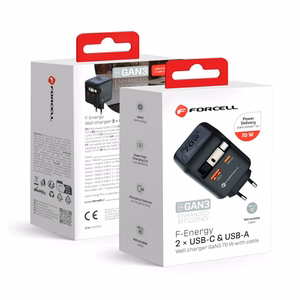 Puhelinlaturi Forcell F-Energy GaN USB C + USB A + sisäänvedettävä USB C PD QC4.0 3A 70W VT-R7 kaapeli harmaa