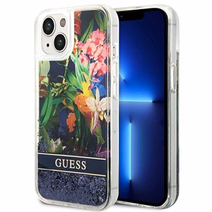 Guess GUHCP14MLFLSB iPhone 14 Plus 6.7 "sininen / sininen kovakotelo Kukka Nestemäinen Glitteri