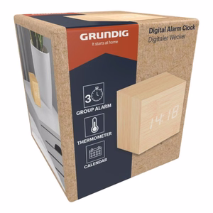 Grundig digital LED alarm clock with thermometer and calendar, light brown