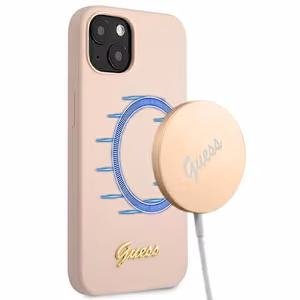 Guess GUHMP13MLSLMGLP iPhone 13 6.1" vaaleanpunainen/vaaleanpunainen kovakotelo Silikoni Script Gold Logo Magsafe