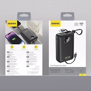 Dudao K14+ varavirtalähde 20000mAh 22.5W USB-C / USB-A / sisäänrakennetut Lightning- ja USB-C-kaapelit - musta