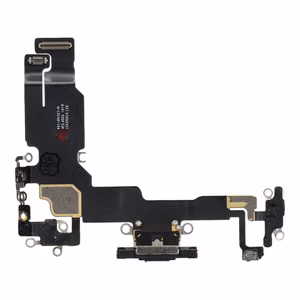 Original charging-port flex cable removed from a donor device for iPhone 15 – black