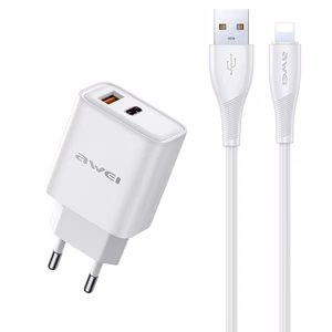 Laturi Awei PD81L-EU 22,5W USB-A/USB-C + USB Lightning-kaapeli 1,0m valkoinen