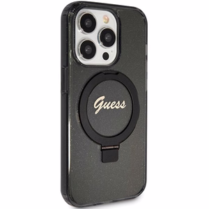 Guess Ring Stand Script Glitter MagSafe Suojakuori iPhone 15 Prolle - musta