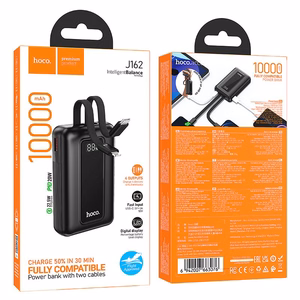 Hoco J162 -varavirtalähde sisäänrakennetuilla USB-C- ja Lightning-kaapeleilla, 10000 mAh, QC, PD, 22,5 W, musta