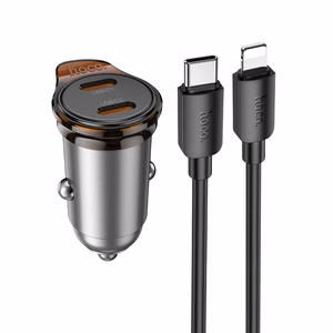Autolaturi Hoco 2 x USB-C QC PD 45W + USB-C - Lightning -kaapeli NZ16B metallinen harmaa
