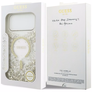 Guess Resin Bottom Glitter MagSafe suojakuori malleille iPhone 18 Pro Max / 17 Pro Max, kultainen