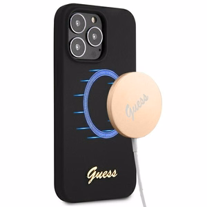 Guess GUHMP13XLSLMGBK iPhone 13 Pro Max 6.7" musta/musta kovakotelo Silikoni Script Kultainen logo MagSafe