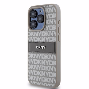 DKNY Nahkainen Mono Raita ja Metallinen Logo Suojakuori iPhone 15 Pro:lle - beige