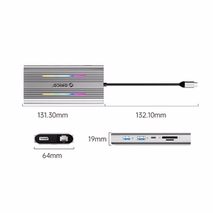 Orico XDR 12in1 RGB USB-C Docking Station USB-A USB-C 2x HDMI 4K 60 Hz DisplayPort 4K 60 Hz RJ45 Gigabit PD 100W SD and microSD Card Reader - Silver