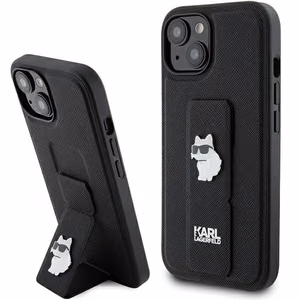 Karl Lagerfeld Gripstand Saffiano Choupette Pins Suojakuori iPhone 15 Plus / 14 Pluslle - musta